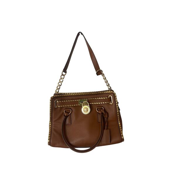 MICHAEL Michael Kors Gold Whipped Hamilton Brown Tan Leather Tote lock key